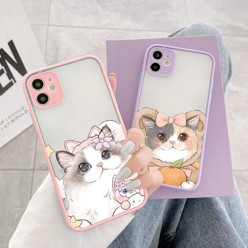 

Cute Cat Animal Pattern Phone Case For iPhone 14 13 12 11 Pro Max Bow Cat Hard Shockproof Cover For iPhone XR X XS 7 8 Plus SE2