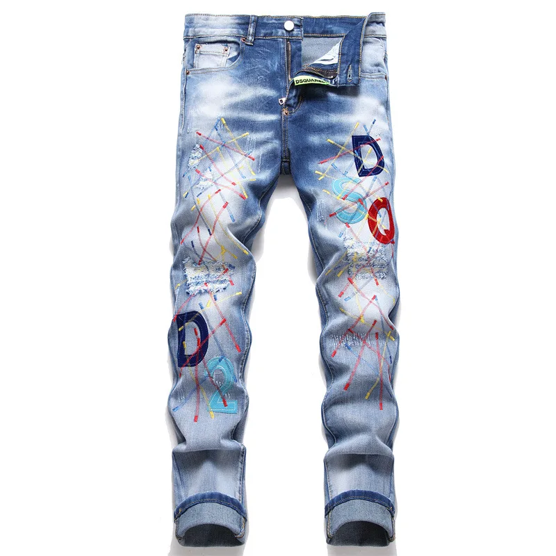 Dropshipping Fashion New Biker Jeans Men's Distressed Stretch Ripped Trousers Hip Hop Slim Fit Holes Punk Denim Cotton Pants