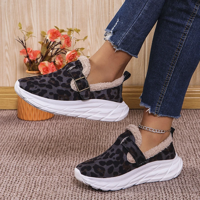 Fashion Leopard Print Wedges Sneakers Women's Faux Wool Lined Thick Sole Sport Shoes Winter New Shallow Running Mujer