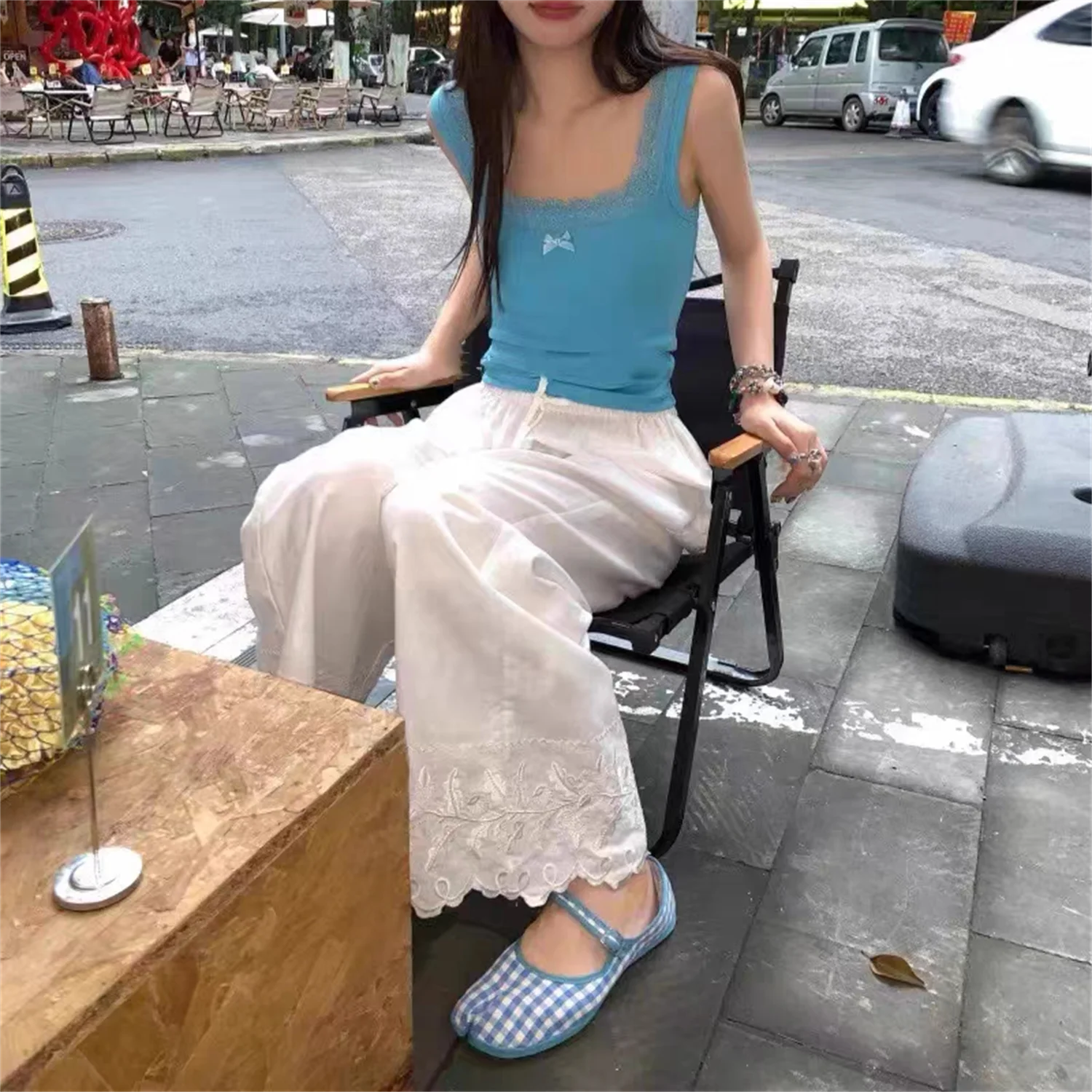 Tabi Split-toe Мэри Джейн Небесно-Голубой Галстук Хлопковые Балетки на плоской подошве