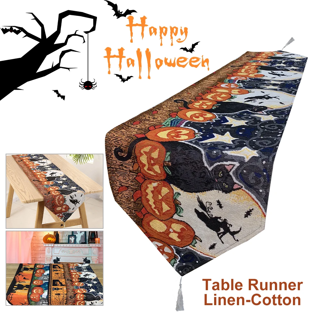 

180x33cm Table Runner Halloween Decorations Linen-Cotton Dining Table Runner Pumpkin Ghost for Indoor Outdoor Home Decoration