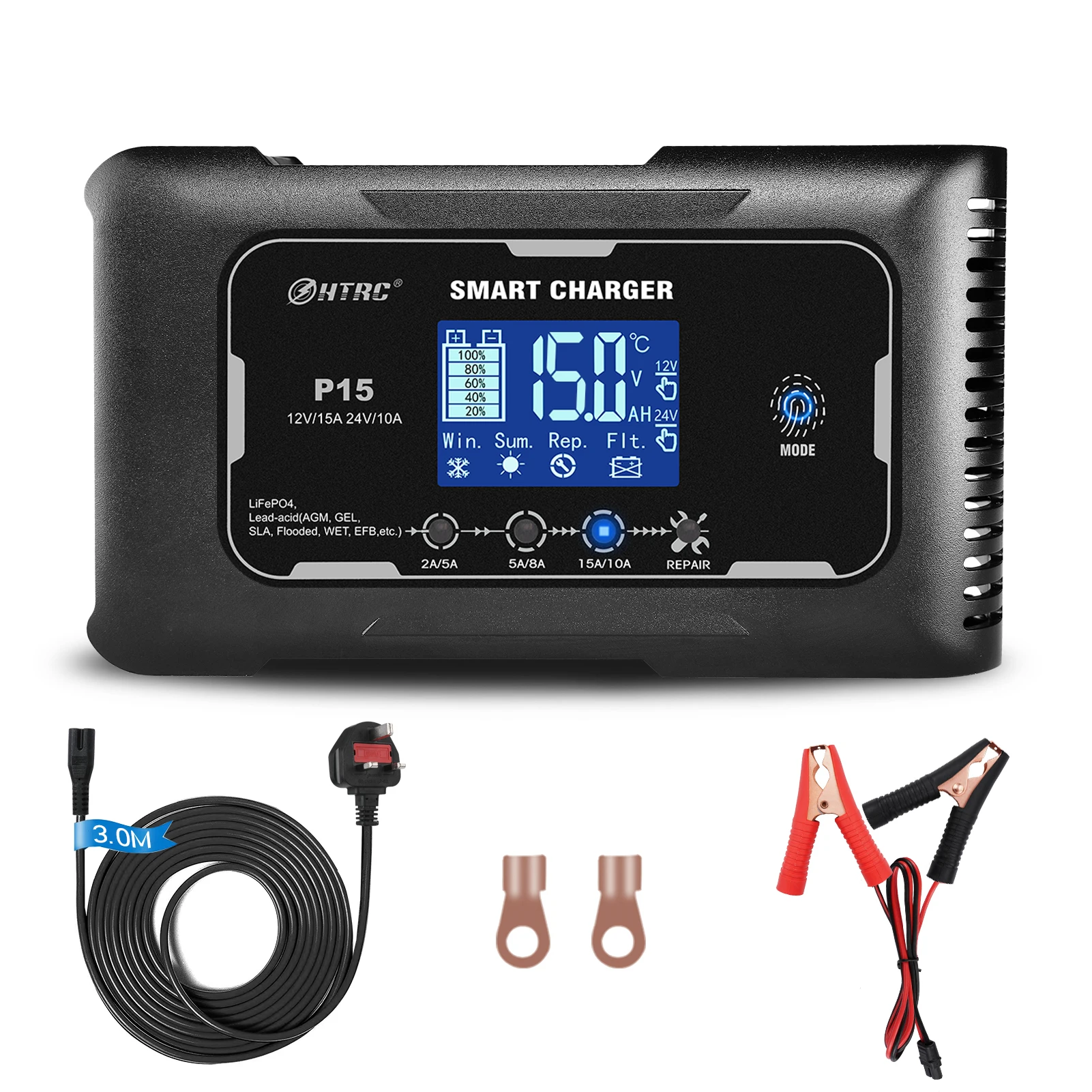 

HTRC 12V/24V 15A/20A Car Battery Charger Smart Charger for Lead-Acid PB LiFePO4 Battery 7-Stage Automatic Car Motorcycle Charger