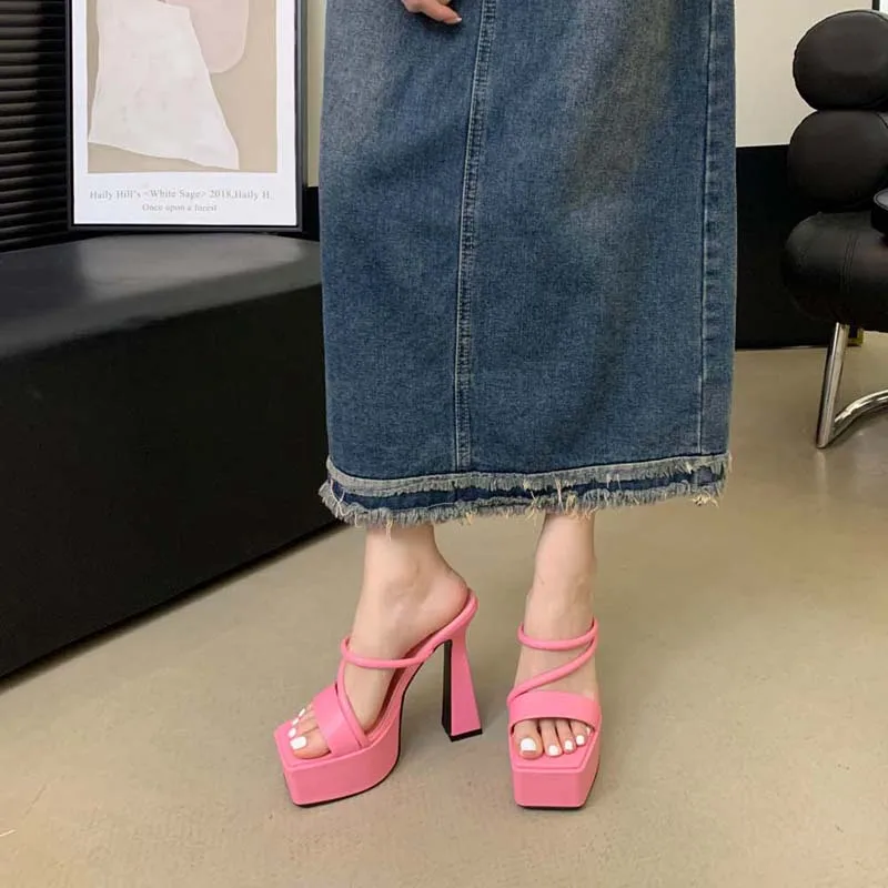 Женские босоножки женские шлепанцы на высоком каблуке розовые пикантные летние