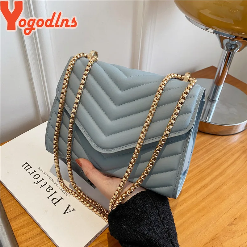 

Yogodlns Quilted Pattern Chain Flap Square Bag For Women PU Leather Shoulder Messenger Fashion Brands Satchel Purse