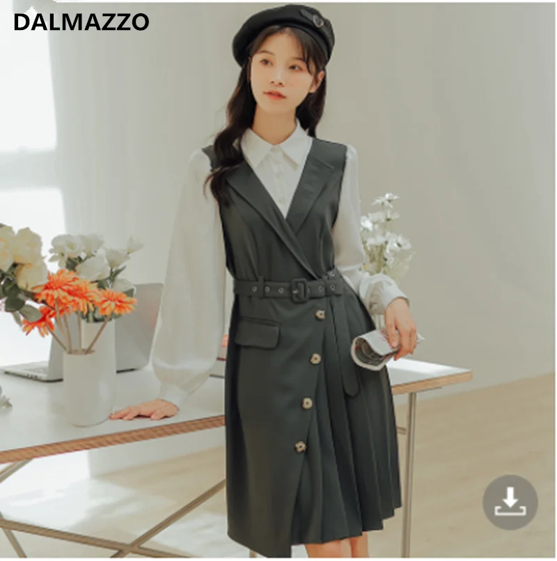 DALMAZZO 2022 New Spring Retro Literature and Art Knee Length Dress Women Lapel Patchwork Long Sleeve Belt Vestidos Female