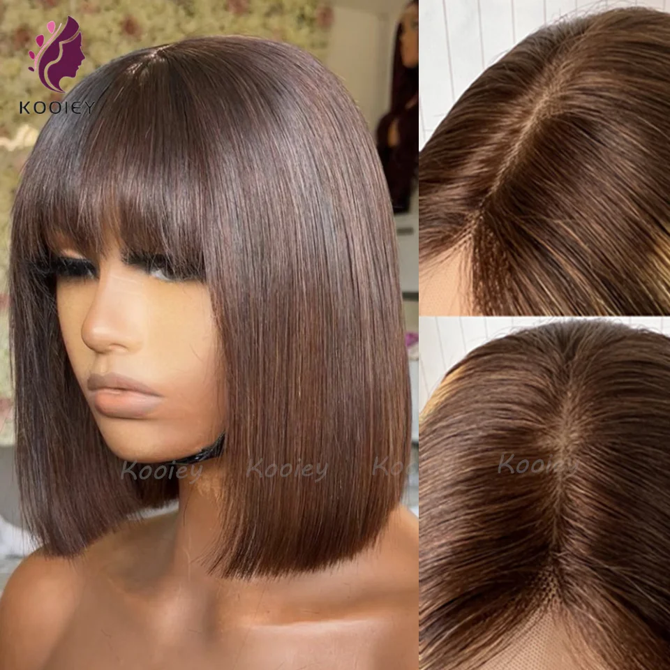 Парик с прозрачной кружевной короткой челкой из шелка 5x5 верхней частью головы