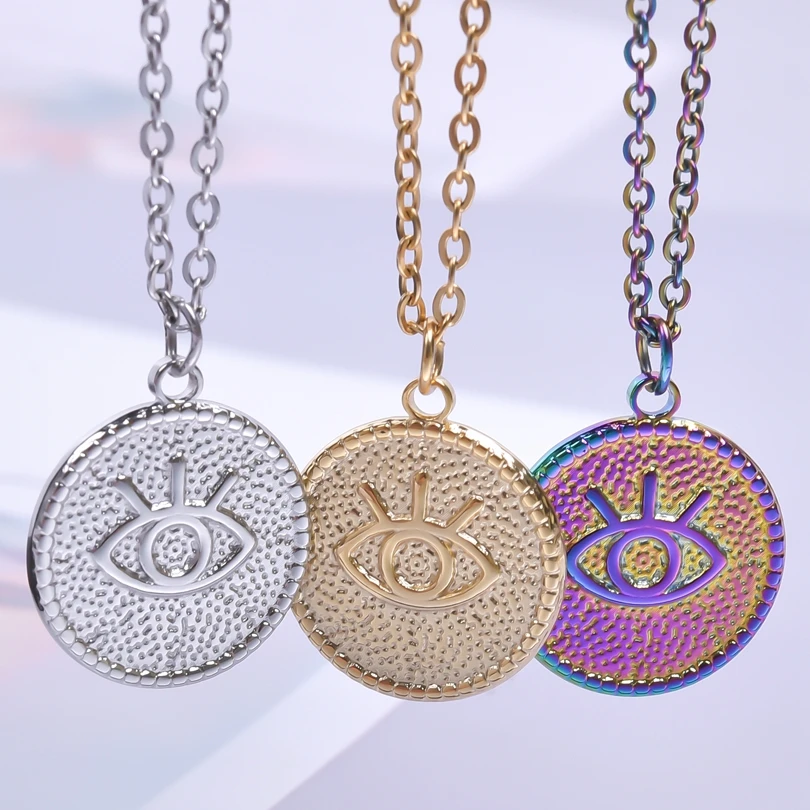 Hydraulic Round Ojo Turco Pendants Necklace Stainless Steel Necklaces For Women Men Accessories Vintage Jewelry Turkish Eye Gift
