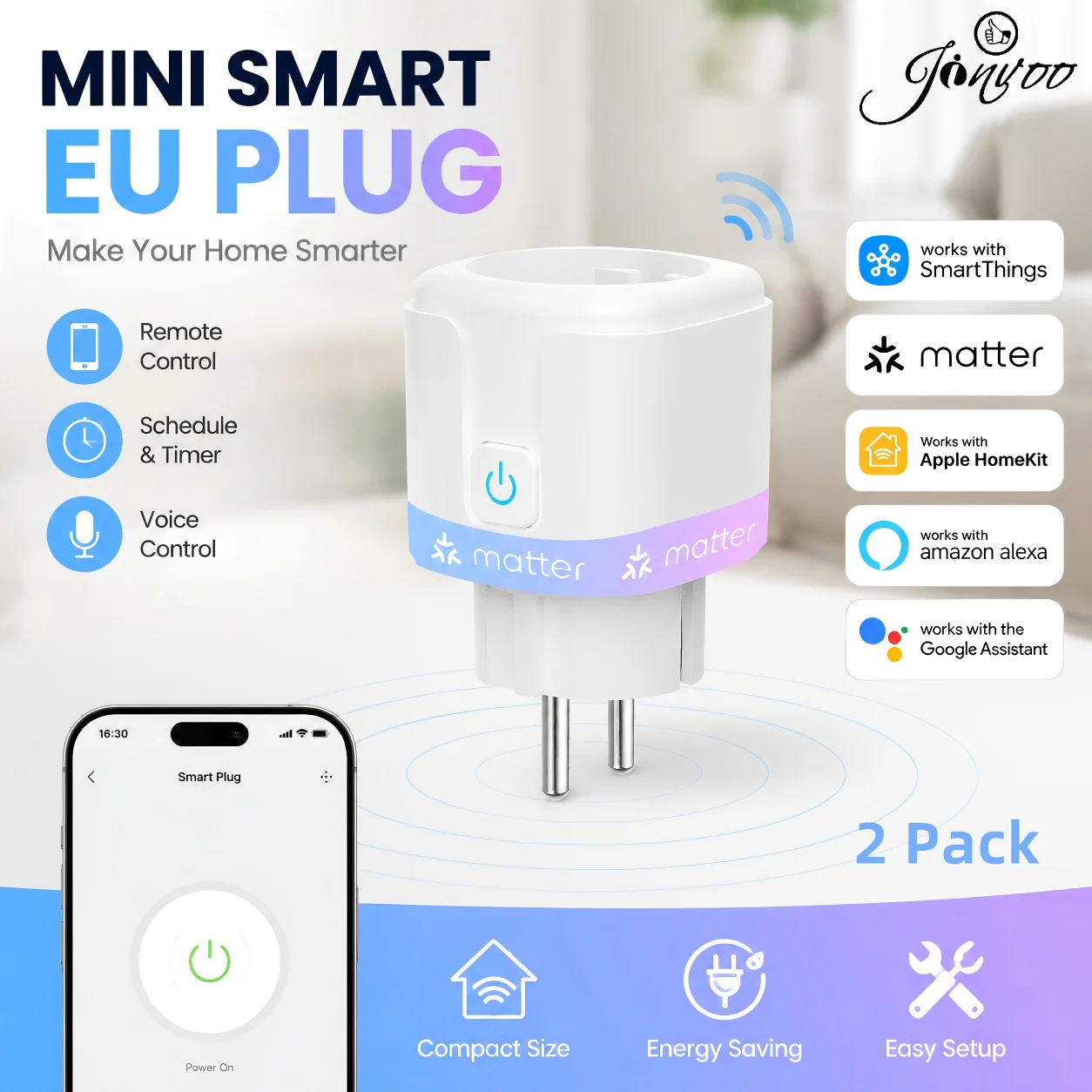 Фото Умная Wi-Fi розетка Matter (2 шт.), 16А, стандарт ЕС, для умного дома, совместима с HomeKit, SmartThings, Siri, Alexa, Google