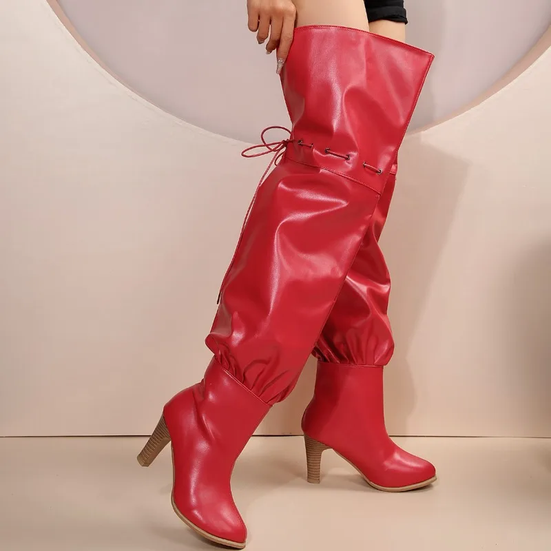 

Новинка, зимние облегающие Женские ботфорты до бедра, привлекательные кожаные высокие сапоги на шнуровке с круглым носком, на высоком каблуке, красные плиссированные повседневные сапоги