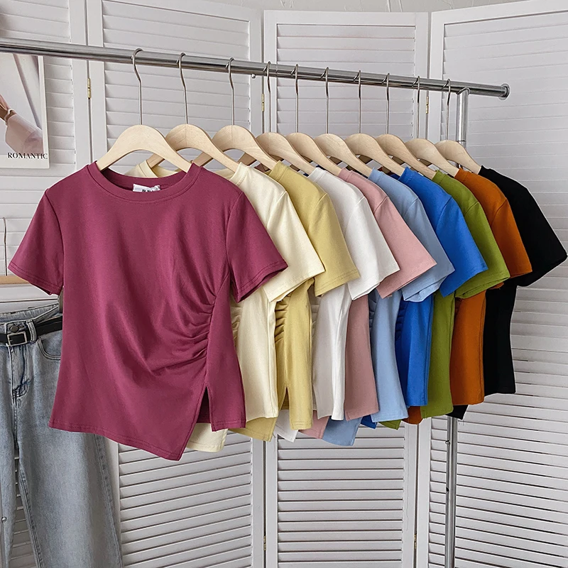 

Women Irregular folds oversize Basic solid T-shirts women summer 2022 Korean casual slim fit short-sleeved T-shirt Tees
