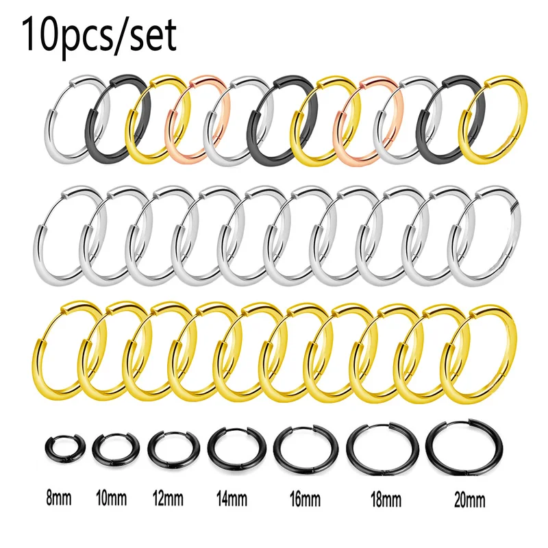 

10pcs/set Small Hoop Earrings Stainless Steel Circle Round Huggie Hoop Earrings for Women Men Ear Ring Ear Bone Buckle