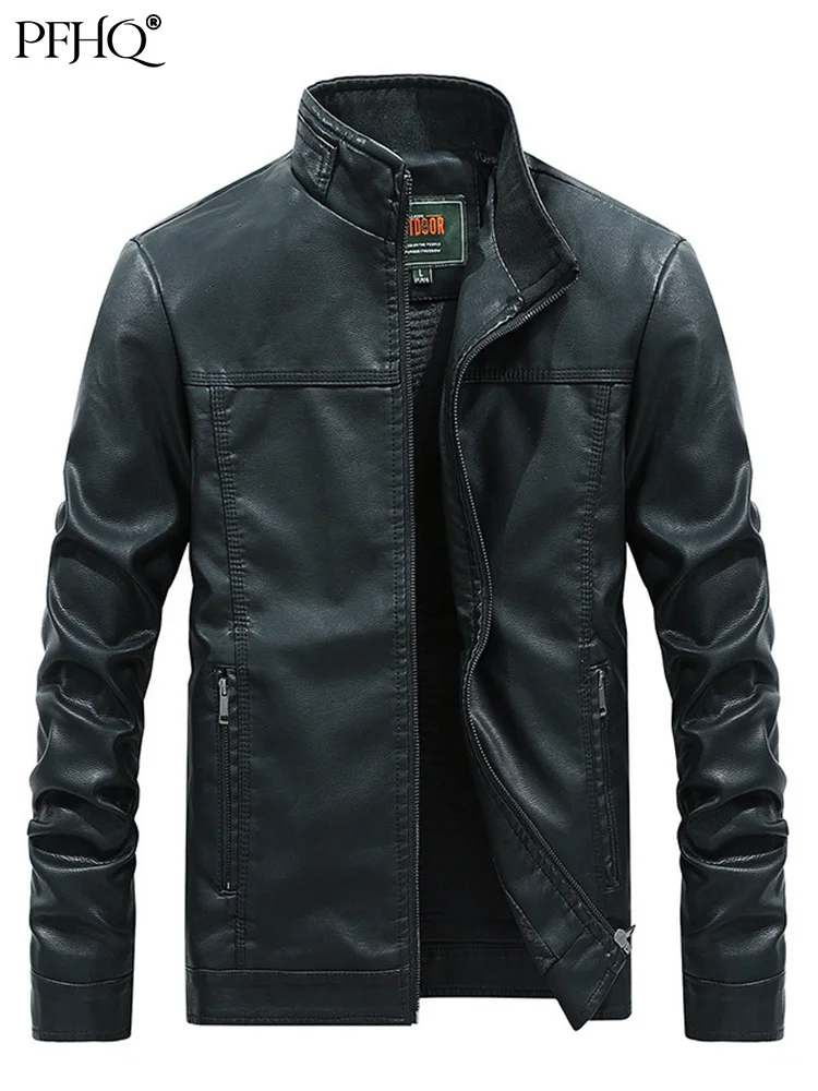 

PFHQ 2022 New Solid Color Stylish Men's Jackets Stand Collar Autumn Male Motorcycle PU Leather Coat Outdoor Flight Suit 21Q1371