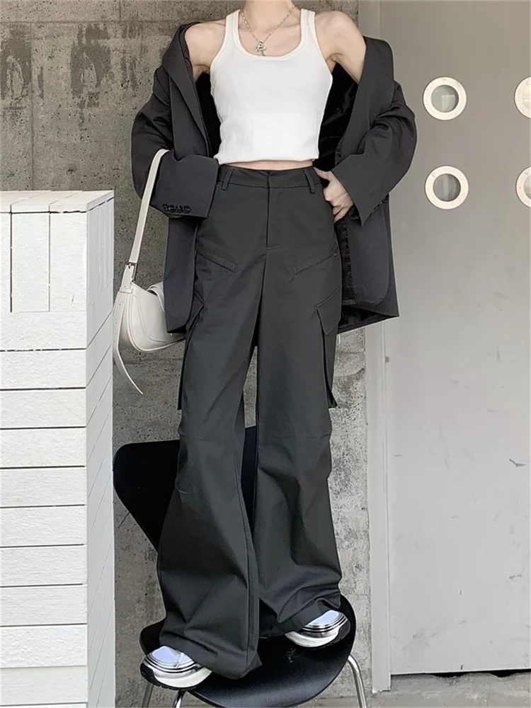 Deeptown Y2K Vintage Gray Cargo Pants Women Korean Fashion Pleated Wide Leg Trousers Oversize Streetwear 90s Pockets Sweatpants