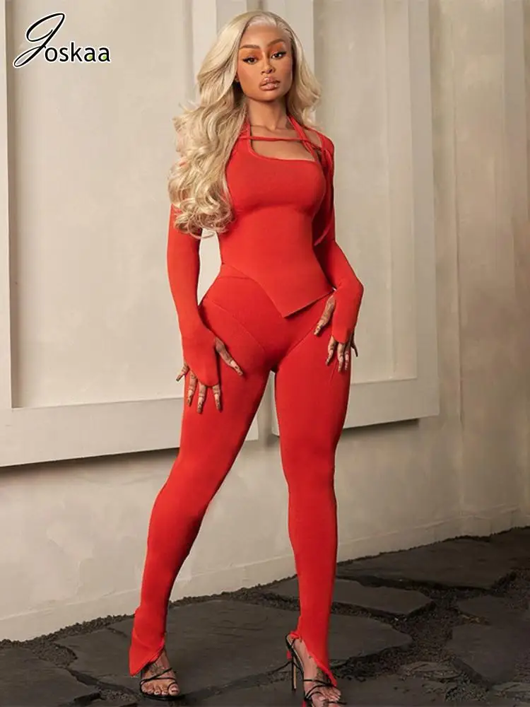 

Joskaa Casual Red 3 Piece Set Women Streetwear Sexy Long Sleeve Shawl and Halter Vest with Leggings Matched Fall 2023 Tracksuits