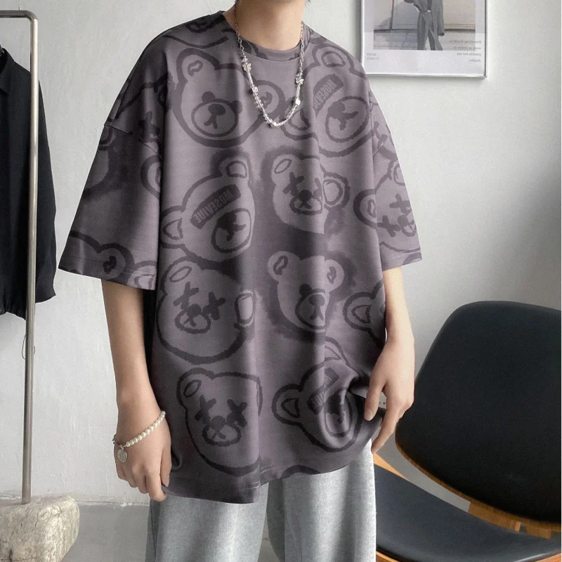 

Men's shirt short-sleeve bear, male shirt will see harajuku with letters written, teddy bear, large white outfit, 2021