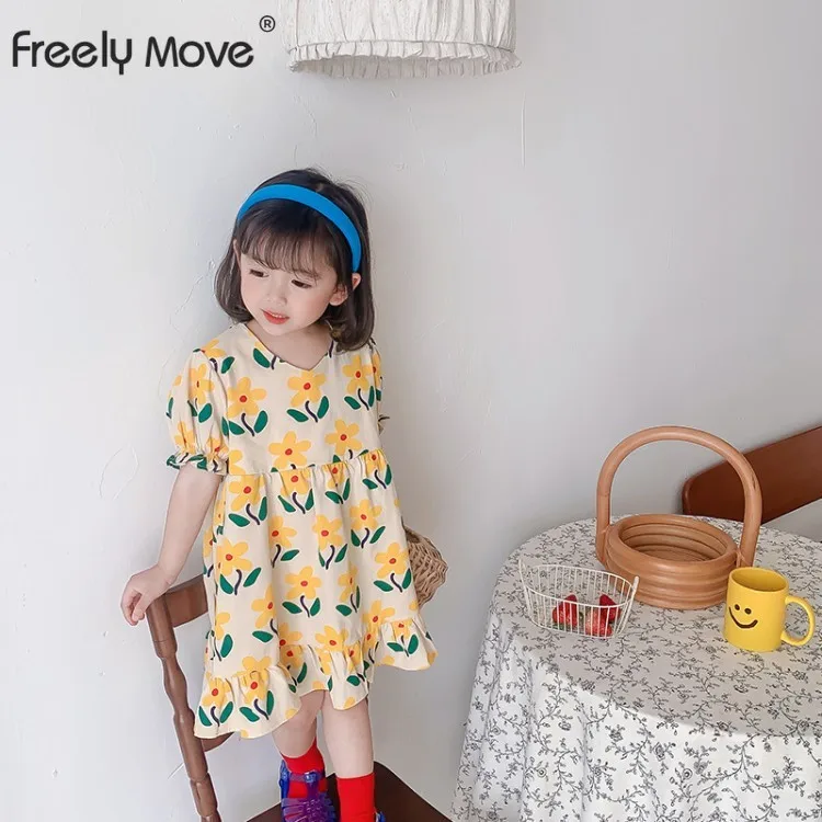 

Freely Move 2022 Baby Girls Floral Summer Dress Cotton Soft and Comfort Children Casual Clothes Lovely Vestidos for Kids 1-6y