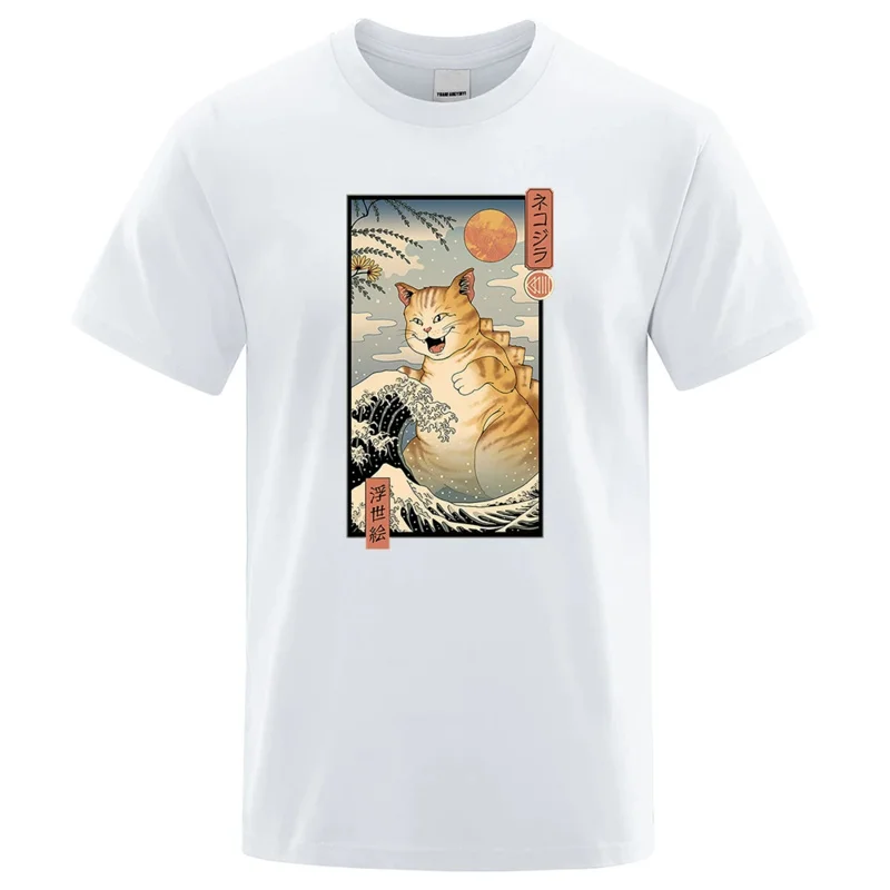 Футболка мужская в стиле укиё-э с волнами и большим котом свободная рубашка