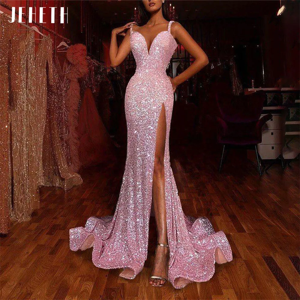 

JEHETH Pink Sparkly Sequin Split Evening Dress Mermaid Arabic Sexy Sweetheart Spaghetti Straps Prom Party Gowns Robes De Soirée