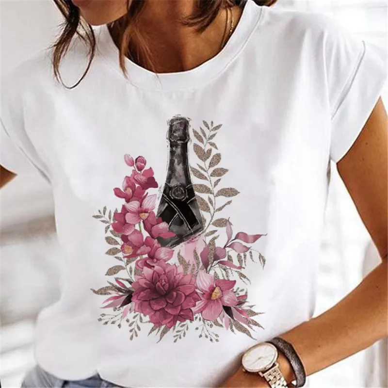 

2022 Clothing Sweet Wine Print T-shirts Women Girl 90s Cartoon Printing Clothes Graphic Tshirt Top Lady Print Female Tee T-Shirt