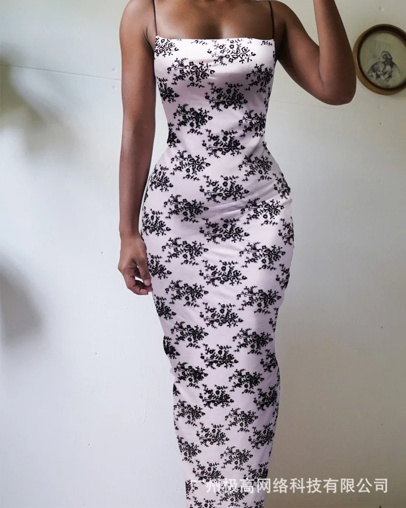 

Женское облегающее платье до щиколотки, длинное праздничное вечернее платье на бретелях с открытой спиной, высокой талией и цветочным прин...