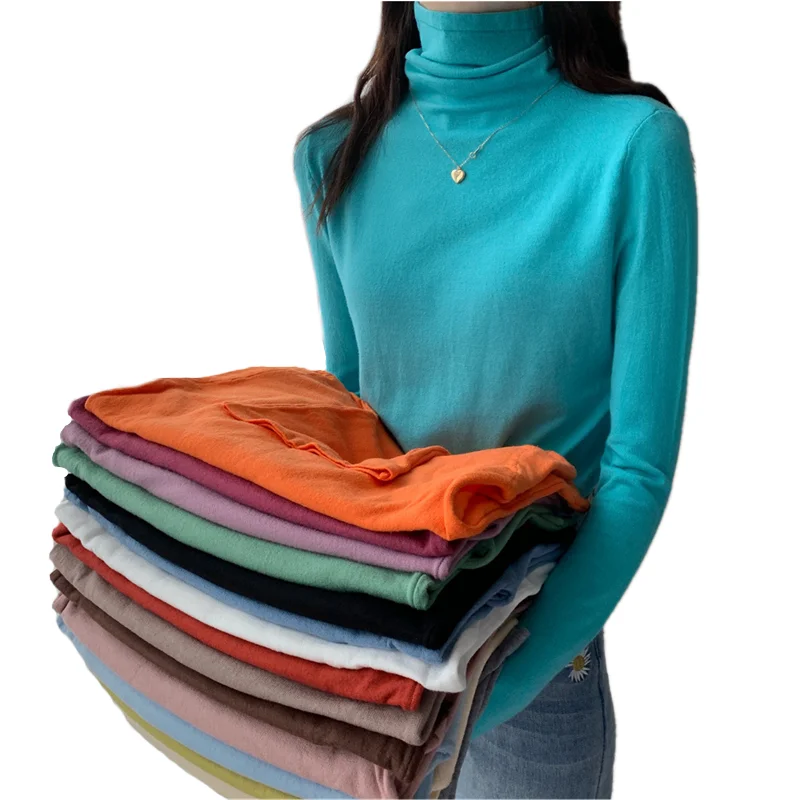 

Осень-зима 2022, новый дизайн, женские свитера с высоким воротником, яркий цвет, длинный рукав, тонкий однотонный пуловер, универсальные милые джемперы