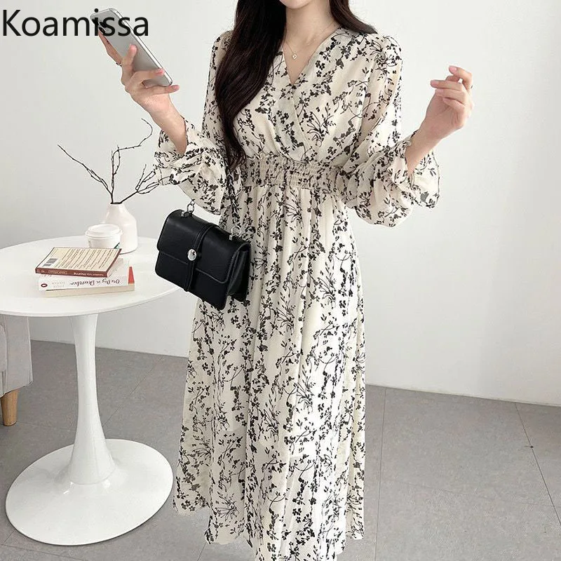 

Koamissa Floral Women Chiffon Maxi Dress Long Sleeves V Neck Shirred Waist A Line Dresses Office Lady Spring Autumn Vestidos