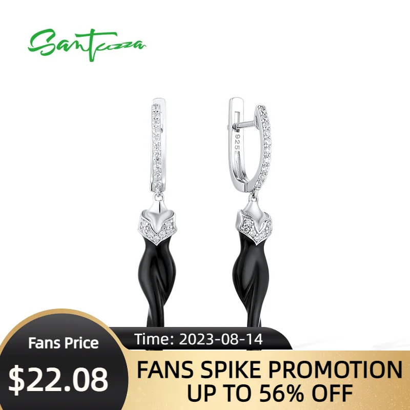 

SANTUZZA 925 Sterling Silver Drop Earrings For Women Shiny White Cubic Zirconia Black Enamel Dancing Lady Trendy Fine Jewelry