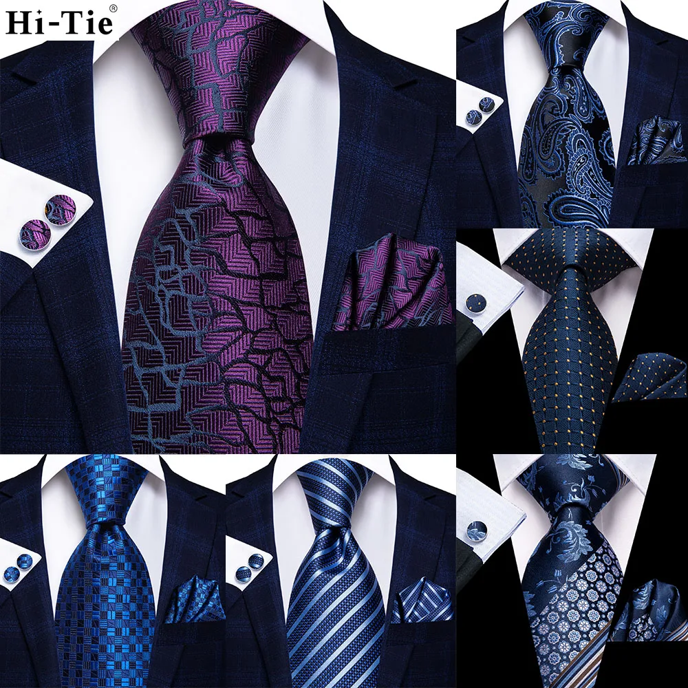 

Hi-Tie Purple Novelty 63inch Silk Mens Extra Long Ties for Men Woven Classic 160cm Men Necktie Pocket Square Set Cufflinks
