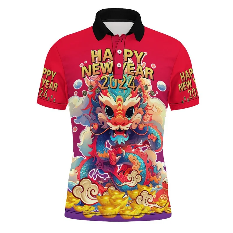 2025 Happy New Year 3D Printed Polo Shirts For Men Clothes Fashion China Dragon Button Chinese Loong Tops