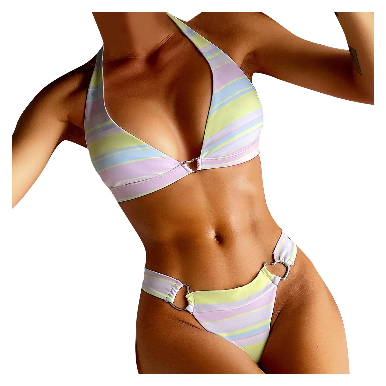

Beach Halter Swimsuit Color Women's Heart Love Bikini Ring Striped Split Sexy Swimwears Tankinis Set Swimwears Thong swimsuit