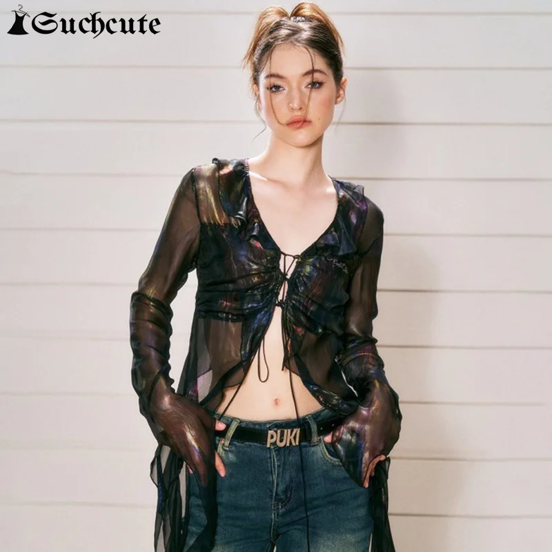 

SUCHCUTE See Through Y2K Sexy Crop Top Women Long Sleeve Lace Up Stitch Cardigan Irregular Ruffles T-shirt Grunge Coquette Tops