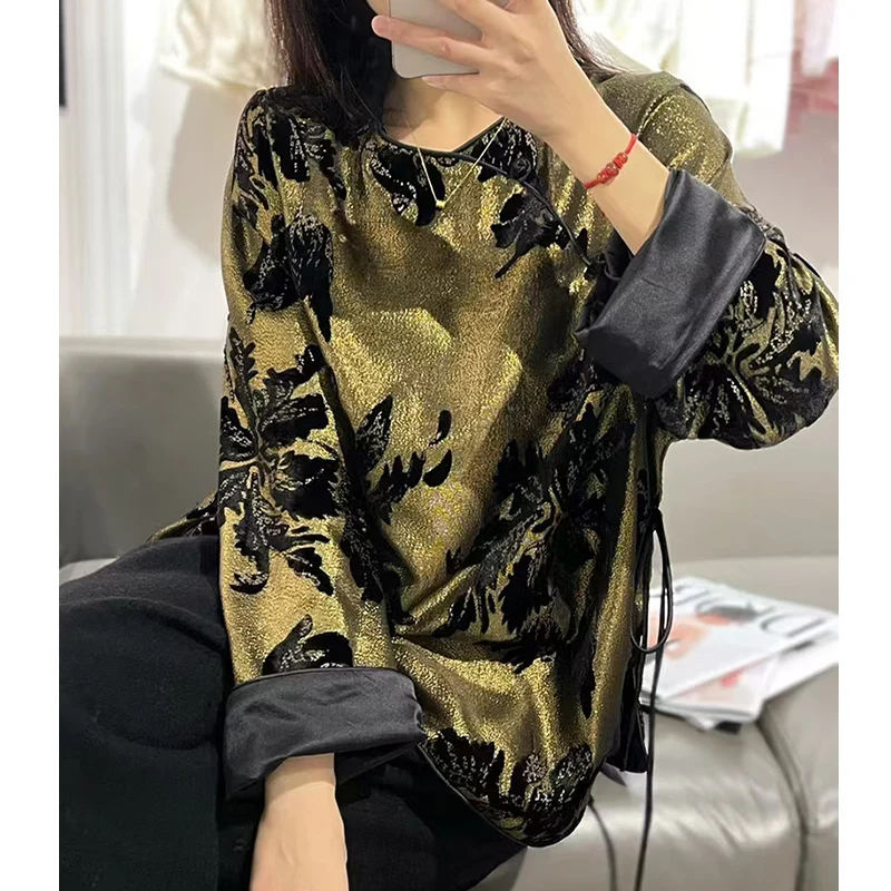 Высочайшее качество осенний новый шелковый бархатный топ с круглым вырезом