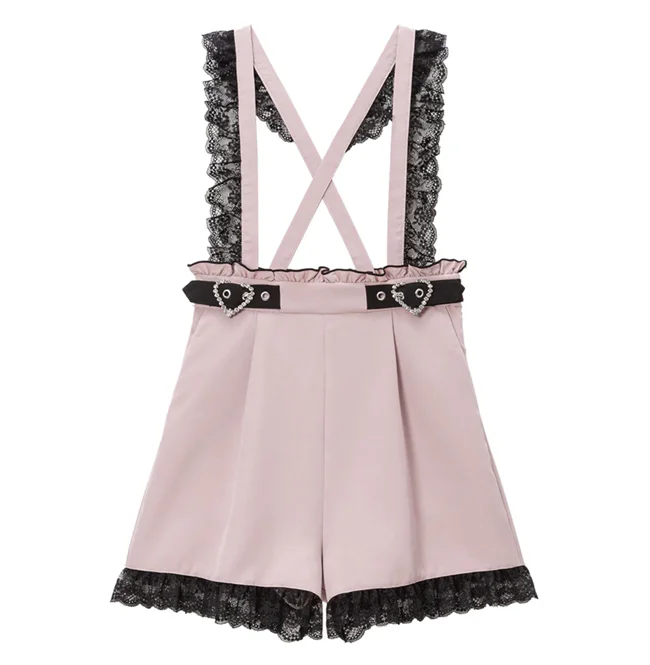 Spring and Summer New Suspender Pants Slimming Japanese Style Loose Casual Shorts Cute Lace Edge Belt Overalls Shorts