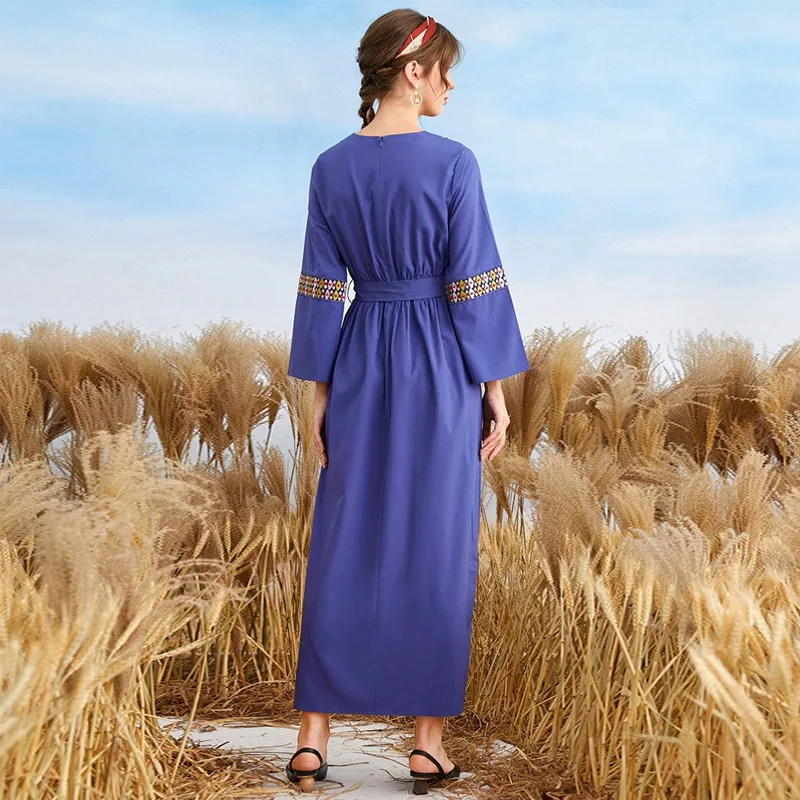 Embroidery 2023 V Neck Long-sleeved Lace-up Long Dress Middle East Muslim Fashion Vestidos Arabes Dubai Y Turcos