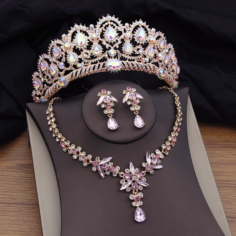 AB Crystal Crown Set di gioielli da sposa per donna orecchini diademi Set di collana rosa abito da sposa Set di gioielli da sposa Dubai