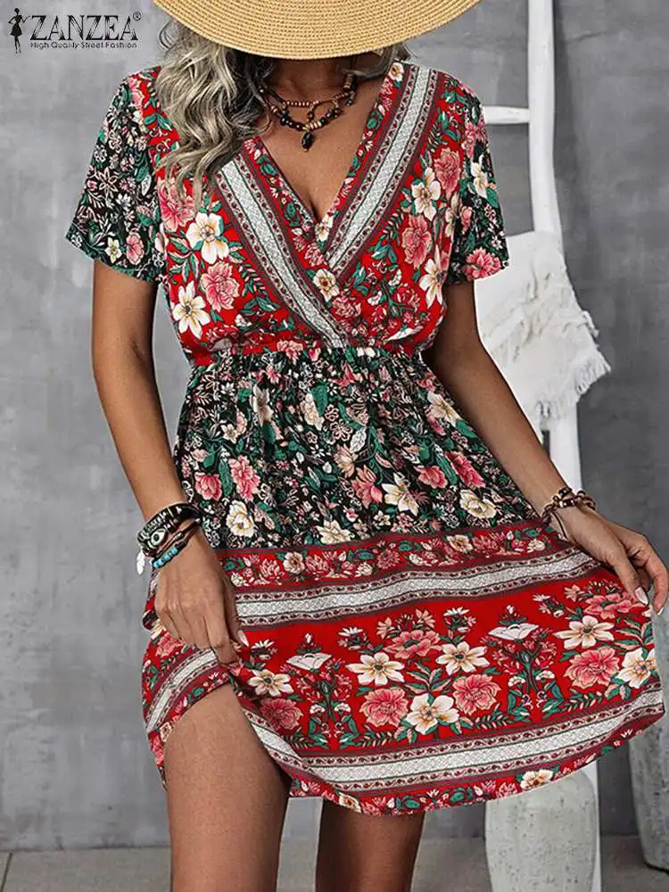 

ZANZEA Short Sleeve Dress Women Summer V-Neck Above Knee Length Floral Printed Sundress Bohemian Elegant Casual Beach Robe 2022