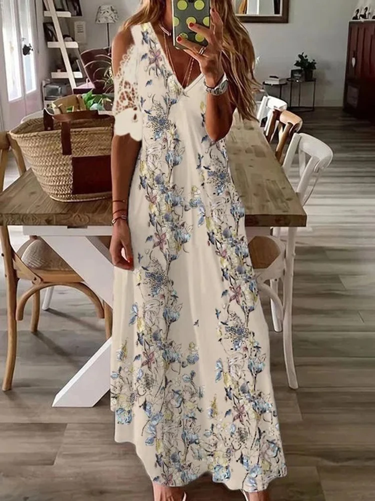 

Женское длинное платье с цветочным принтом, элегантное свободное платье с V-образным вырезом и открытыми плечами, модное кружевное пляжное ...