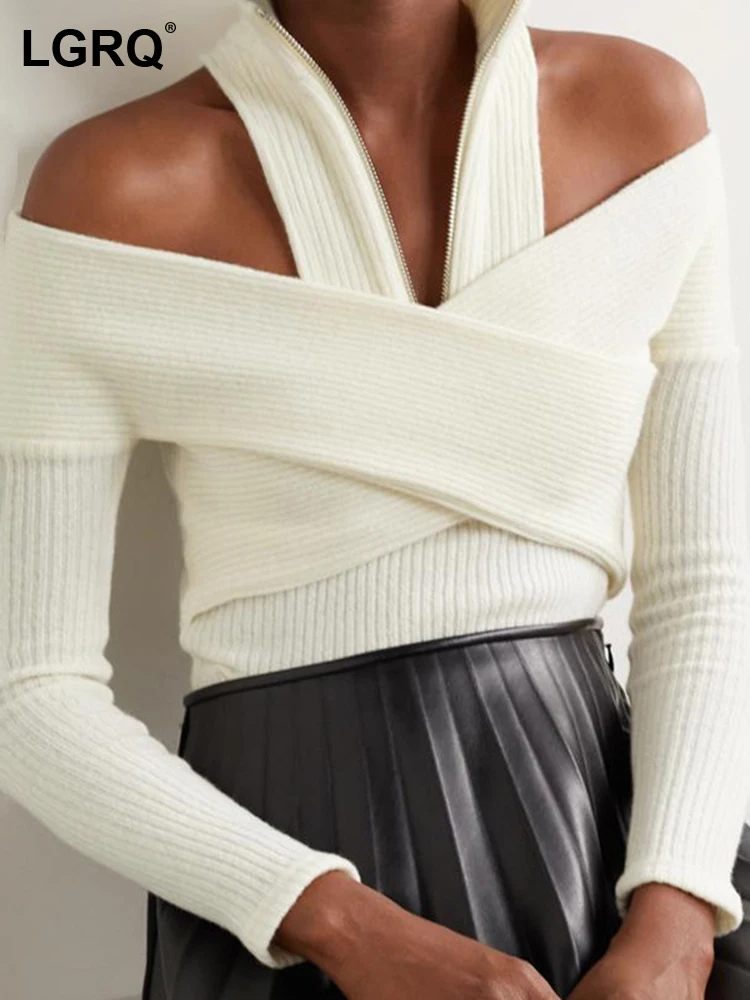 

LGRQ Girls Fashion Personality Halter Long Sleeve Elegant Knitted Tops 2023 New Trendy High Street Wear Women's Sweater 19F1597