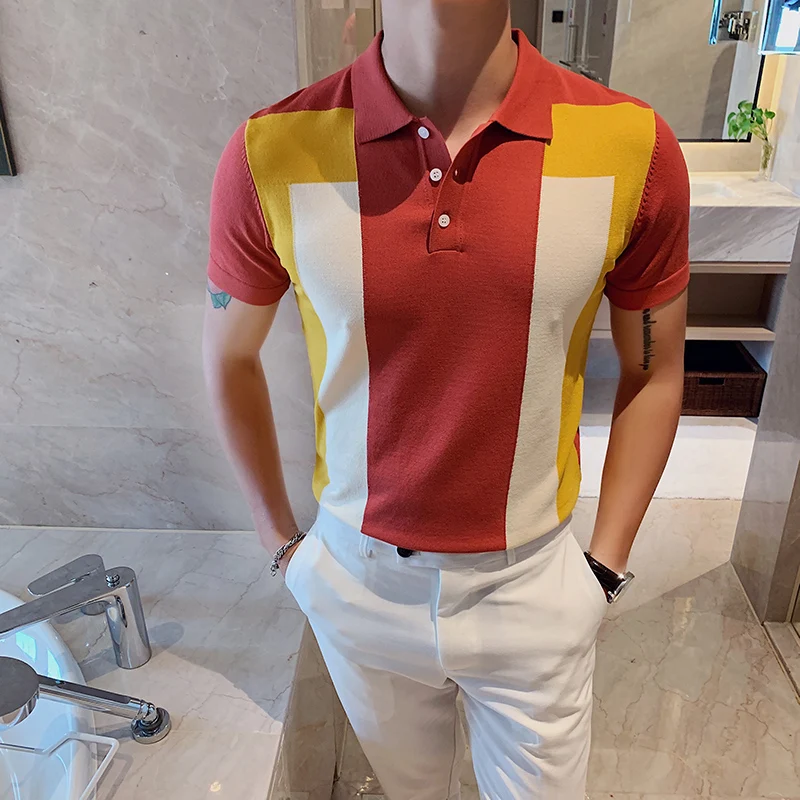 

British Style Men's Knitted Polo Shirt 2022 Summer Contrasting Colors Short Sleeve Lapel Tee Tops Casual Business Social Polos