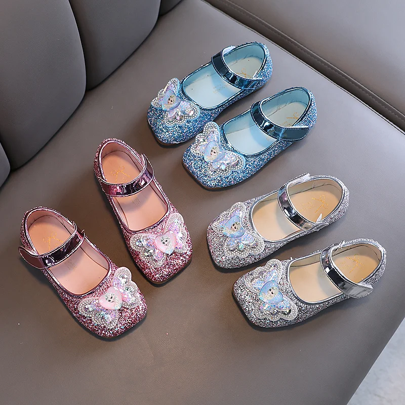 Disney Frozen Elsa Princess Designer Crystal Casual Flat Shoes for Kids Girls Bling Baby Shoes Child Flats Sneakers Square Toe