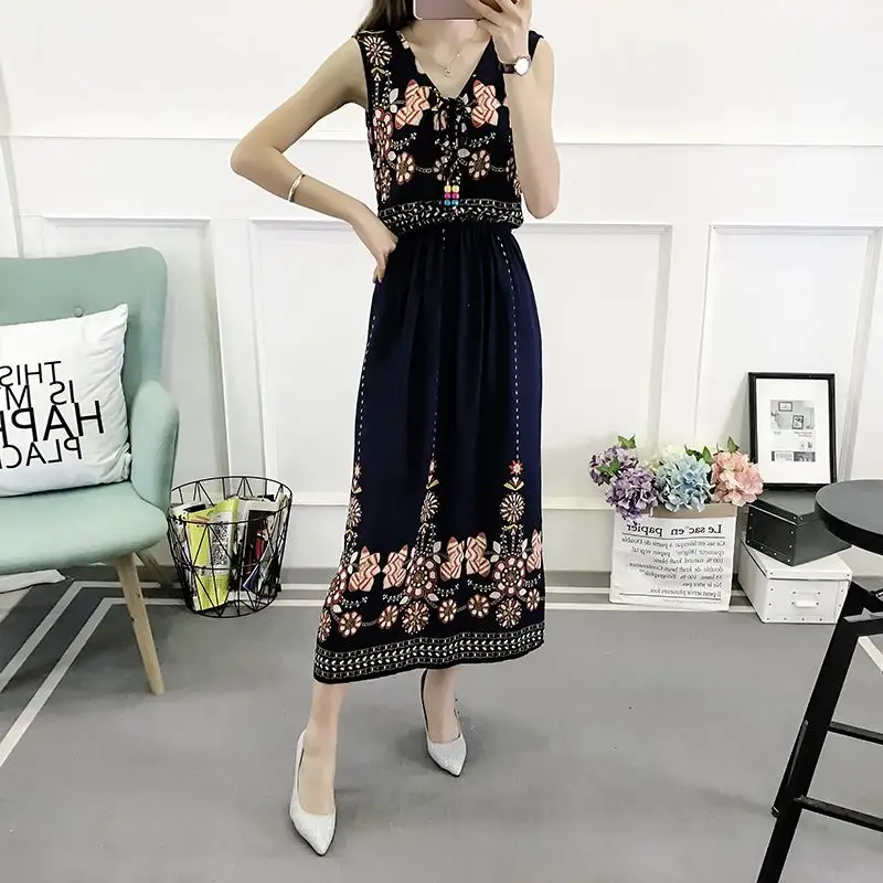 Женское богемное платье-трапеция без рукавов винтажное платье из хлопка и шелка