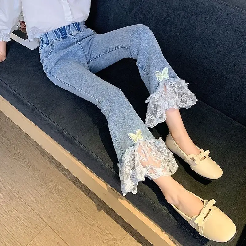 

2022 Autumn Summer Kids Clothes Loose Ripped Solid Jeans Solid Pants Children Girls Korean High Waist Long Denim Trousers C07