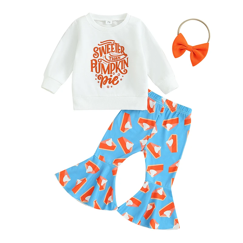 

Girls Halloween 3PCS Pants Sets Long Sleeve Letter Print Sweatshirt Pumpkin Pie Print Flared Pants Headband Sets