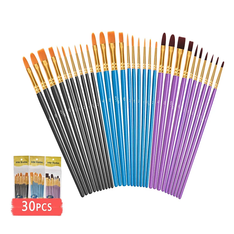 Acrylic Paint Brushes Set 3 Packs 30 Pieces Watercolor Paint Brush for Kids Nylon Hair Paintb Rushes for Acrylic Oil Watercolor