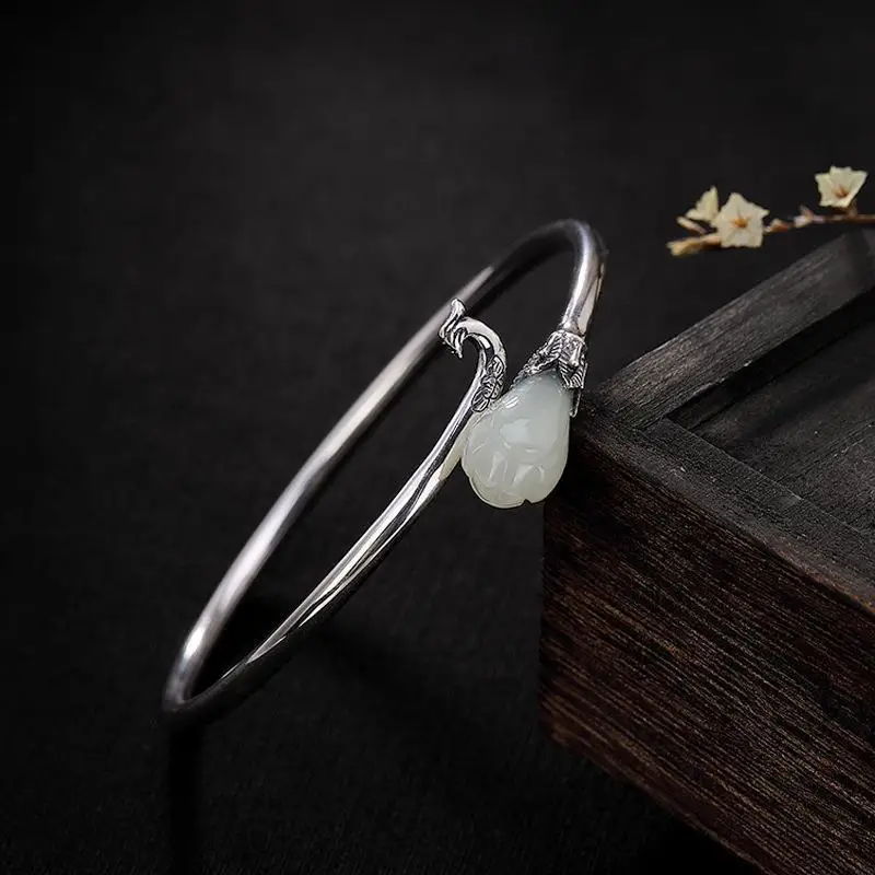 Original S925 Sterling Silver Antique Hetian Jade White Magnolia Ancient Style Fresh Phoenix Female Open-End Bangle |