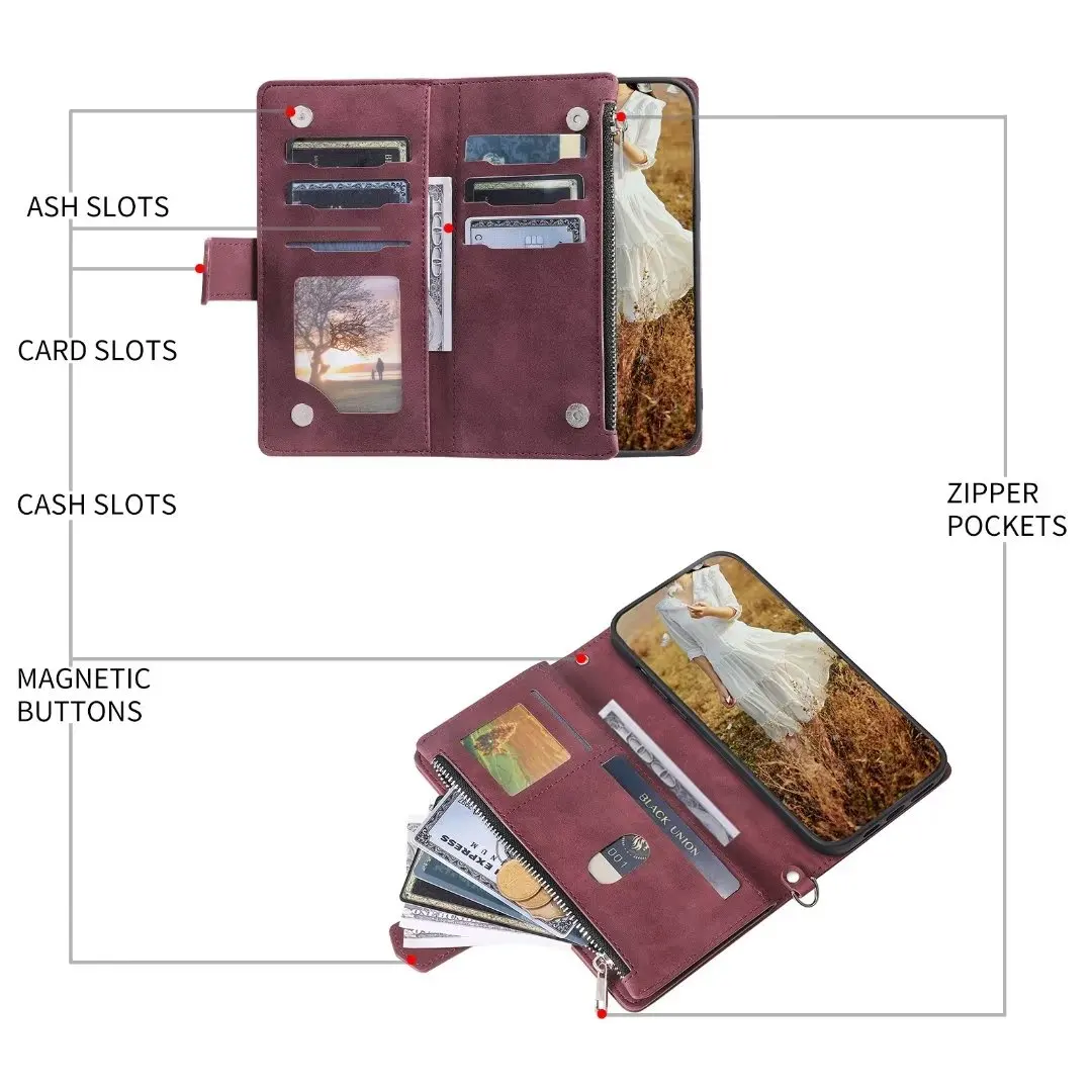 Fashion Zipper Wallet Case For Redmi Note 6 Flip Cover Multi Card Slots Cover Phone Case Card Slot Folio with Wrist Strap