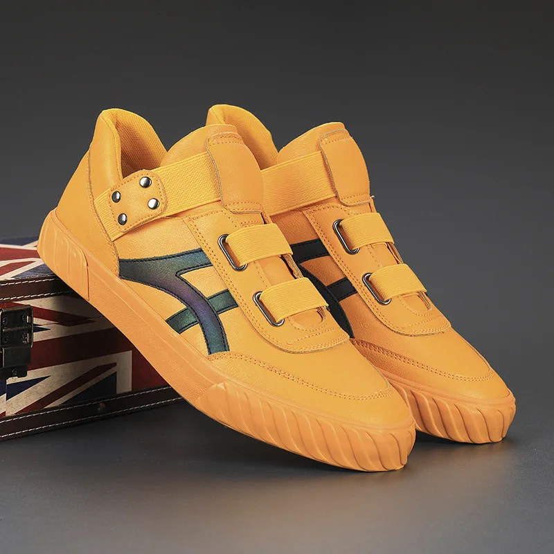 

Autumn Yellow Men's Casual Sneakers Fashion Breathable Leather Men Skateboard Shoes Comfort Elastic Sports Slip-on Shoes For Men