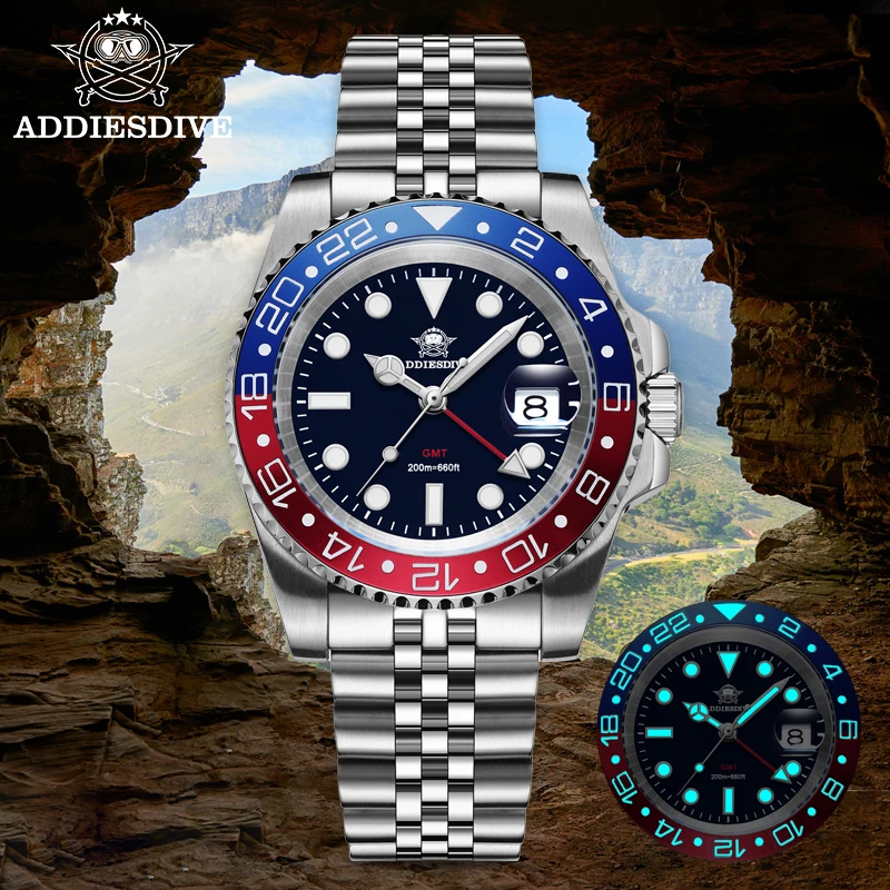 Фото Мужские часы ADDIESDIVE GMT 515-24H с двумя часовыми поясами, водонепроницаемые до 200 м, с керамическим безелем, люминесцентной подсветкой BGW9, из стали 316L, кварцевые. №2