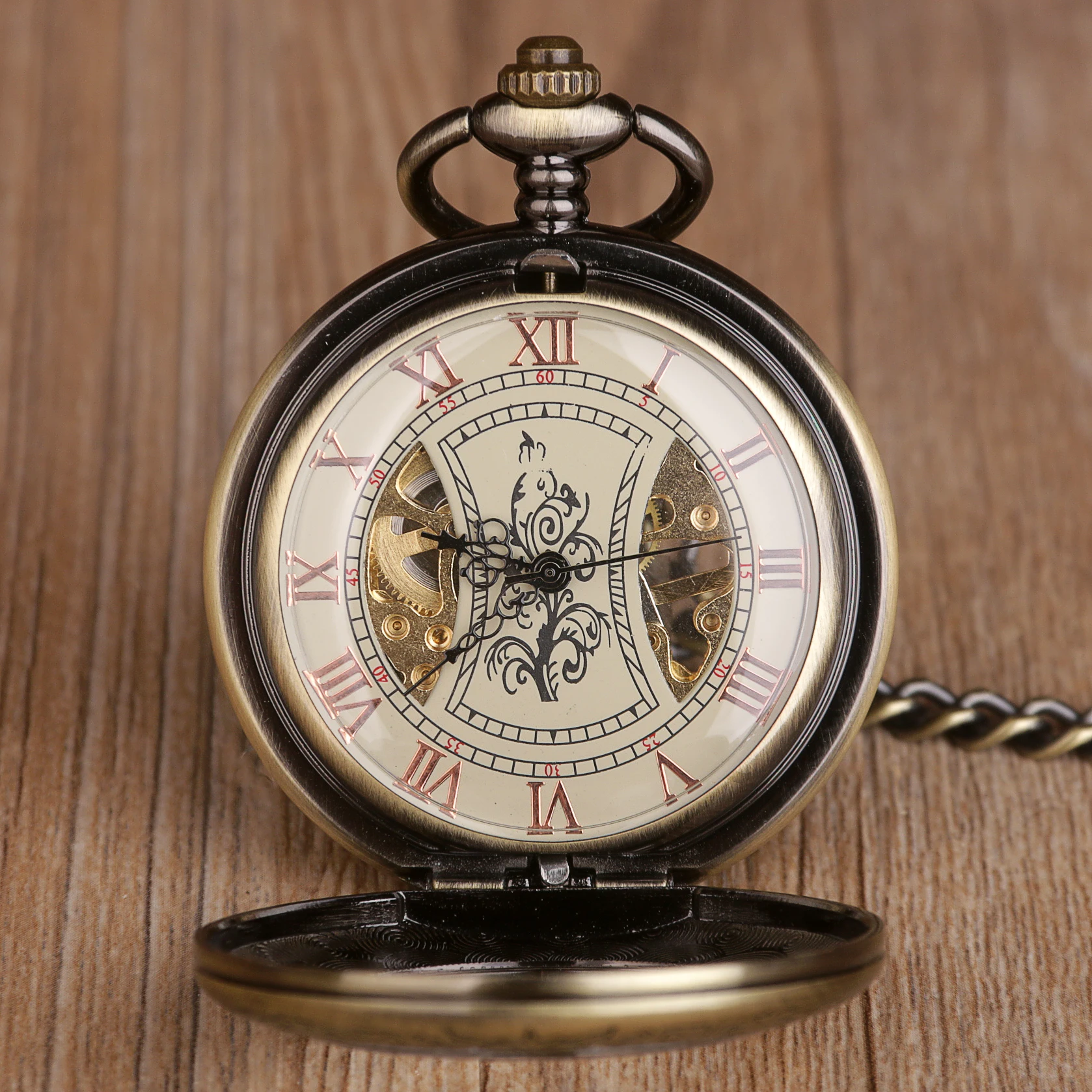 Vintage Mechanical Pattern Pocket Watch Roman Numeral Display Man Woman Necklace Pendant Clock Chain Best Gift