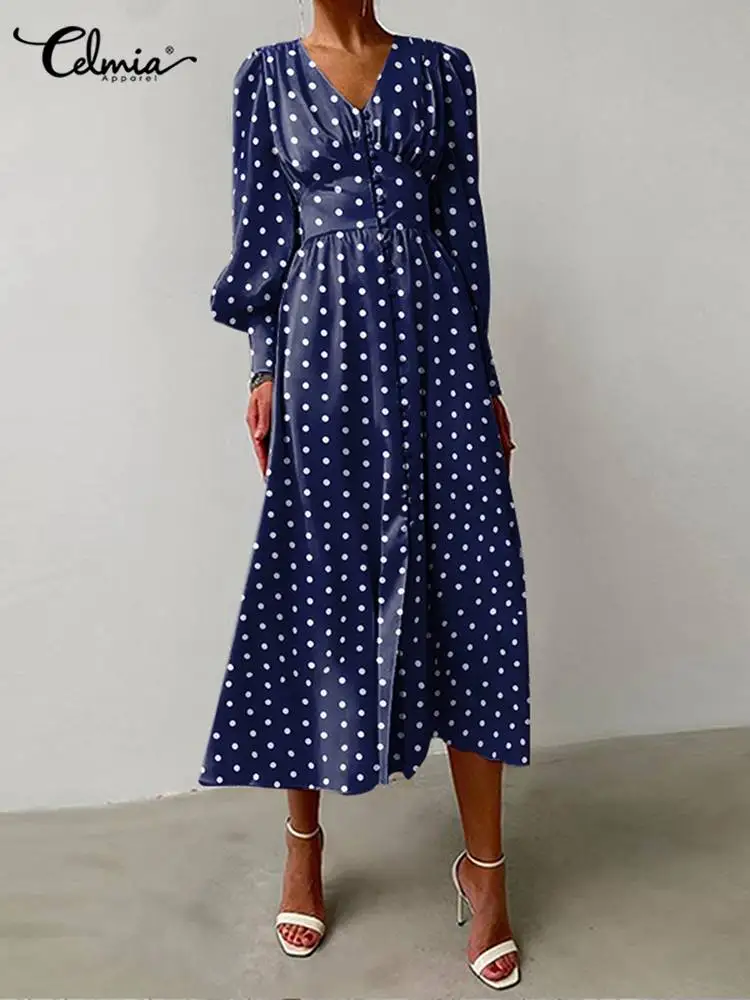 

Celmia French Vintage Polka Dot Elegant Dresses 2023 Fashion Women Midi Dress Party Button Puff Sleeve Cinched Wasit Long Robe